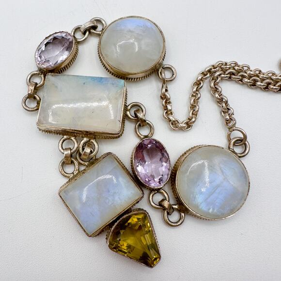 Sterling Silver 7 Gem Necklace Artisan Crafted Moonstone Amethyst Citrine 925 - Picture 4 of 13